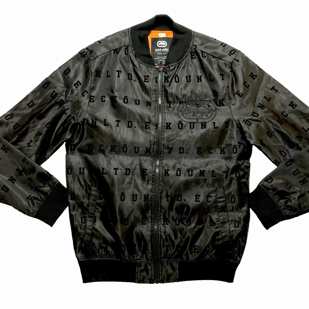 Ecko Unltd Bomber Jacket Mens Small Black Full Zip All Over Print